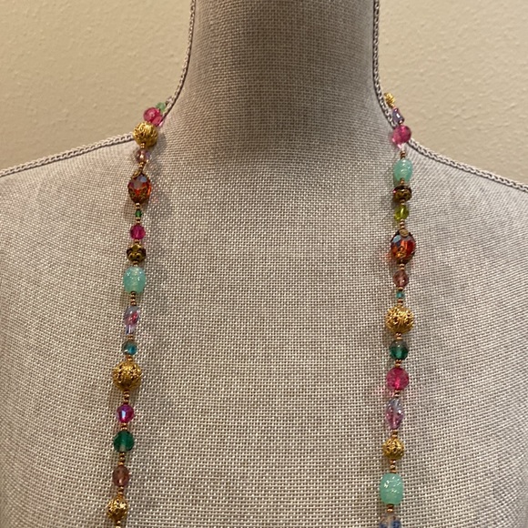 Women's long gold multi colored beads and stones necklace - Picture 6 of 8